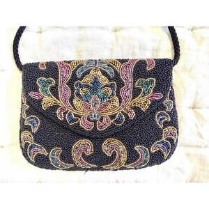 Lillian Vernon Vintage Black, Multi-colored Glass Beaded Evening Purse